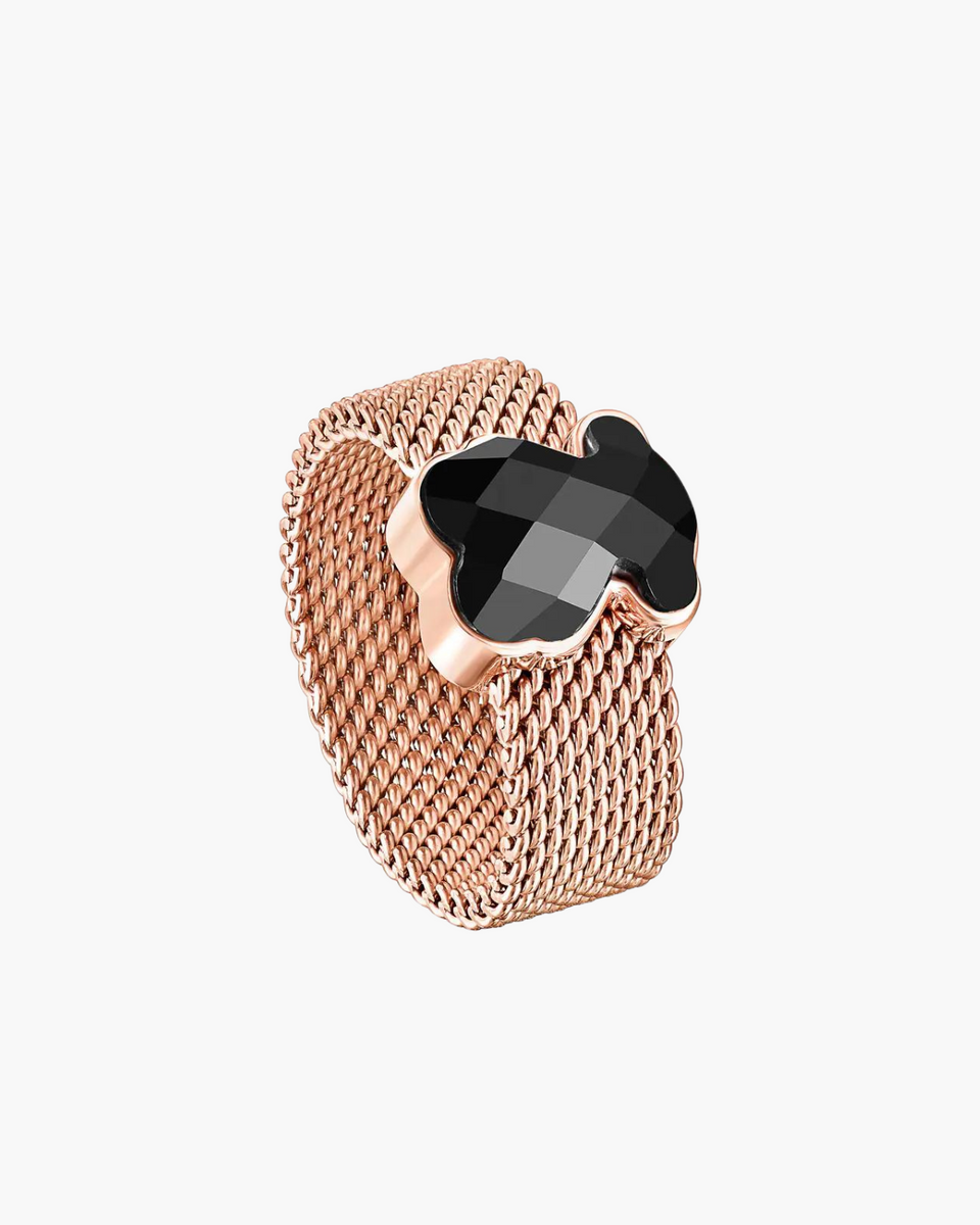 Rose IP Steel TOUS Mesh Color Ring with faceted Onyx Bear motif – Gallery od